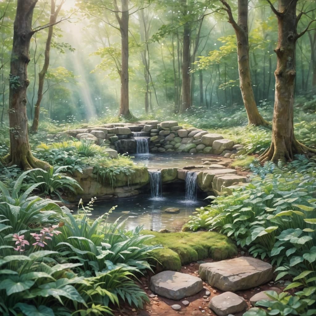 Enchanting Well in Mystical Forest: Watercolor Fantasy