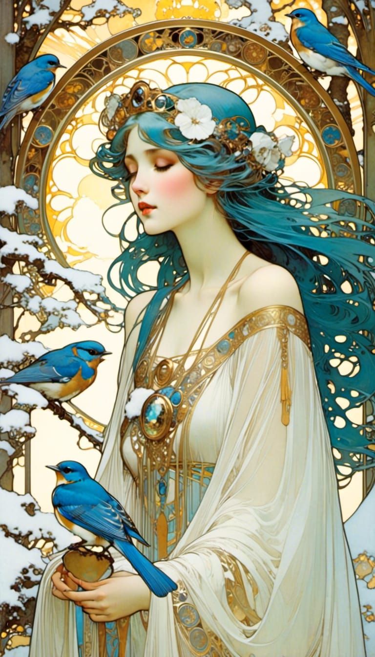 Art Nouveau Princess Talking to Bluebirds in Snow