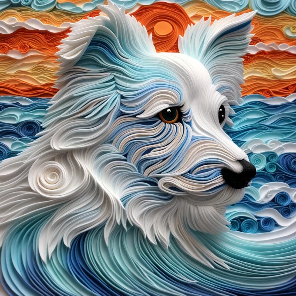 Elegant White Dog with Turquoise Quilling Waves