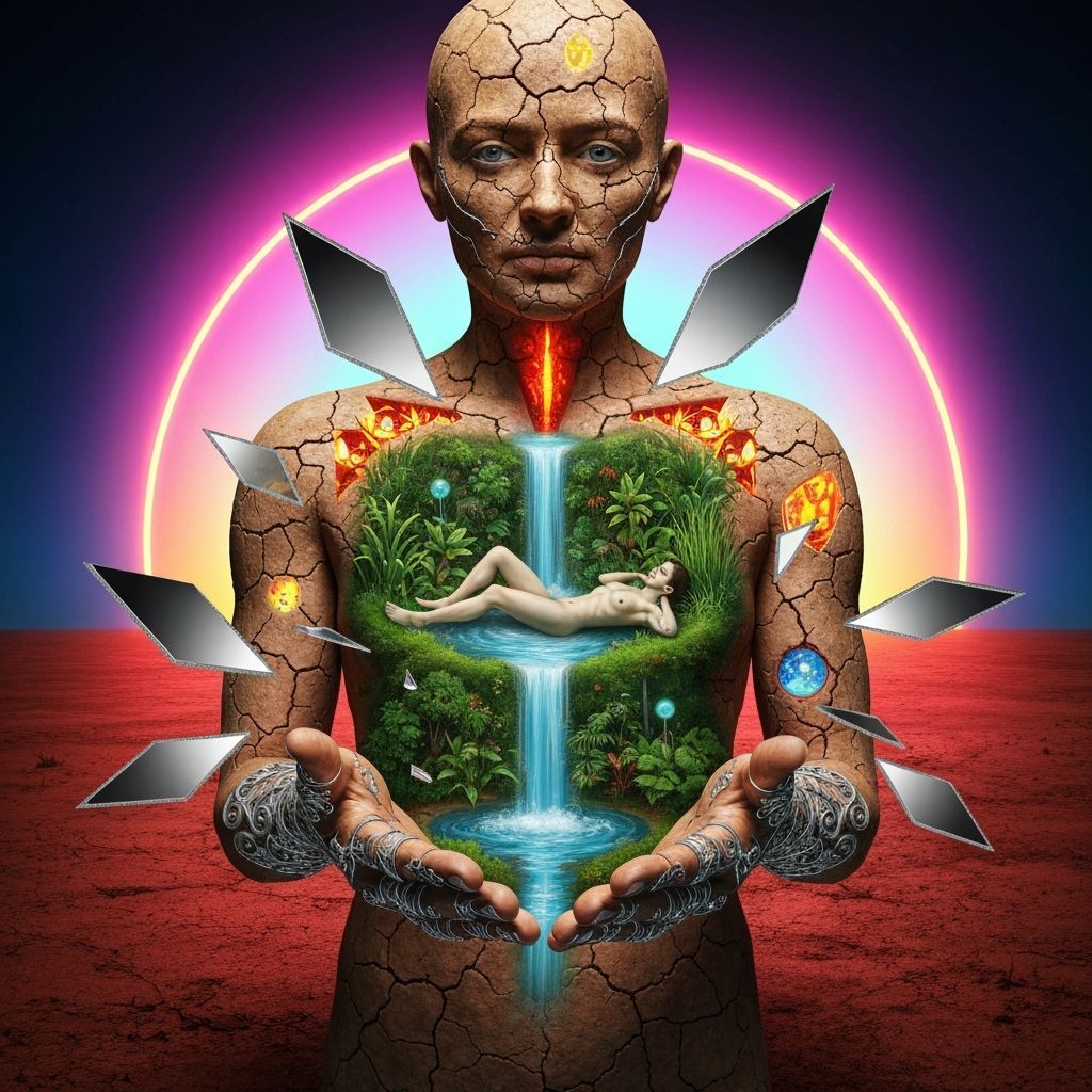 Figure With Cracked Earth Revealing Bioluminescent Oasis