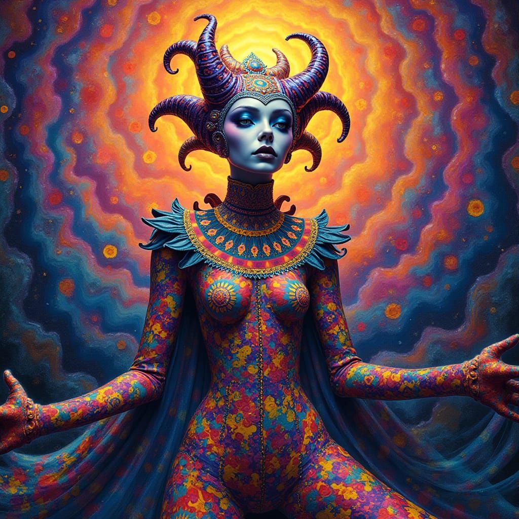 Surreal Carnival Figure Emerges from Psychedelic Vortex in V...