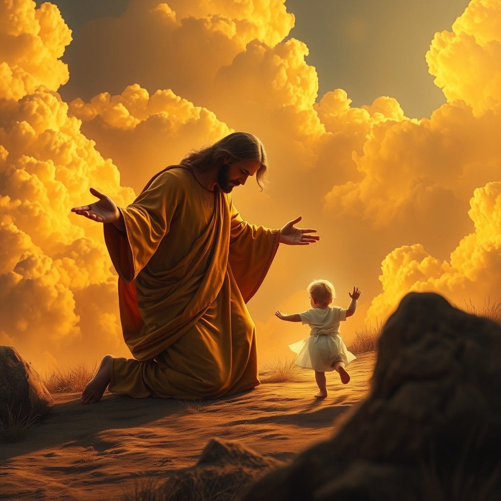 Jesus Embraces Child on Golden Clouds
