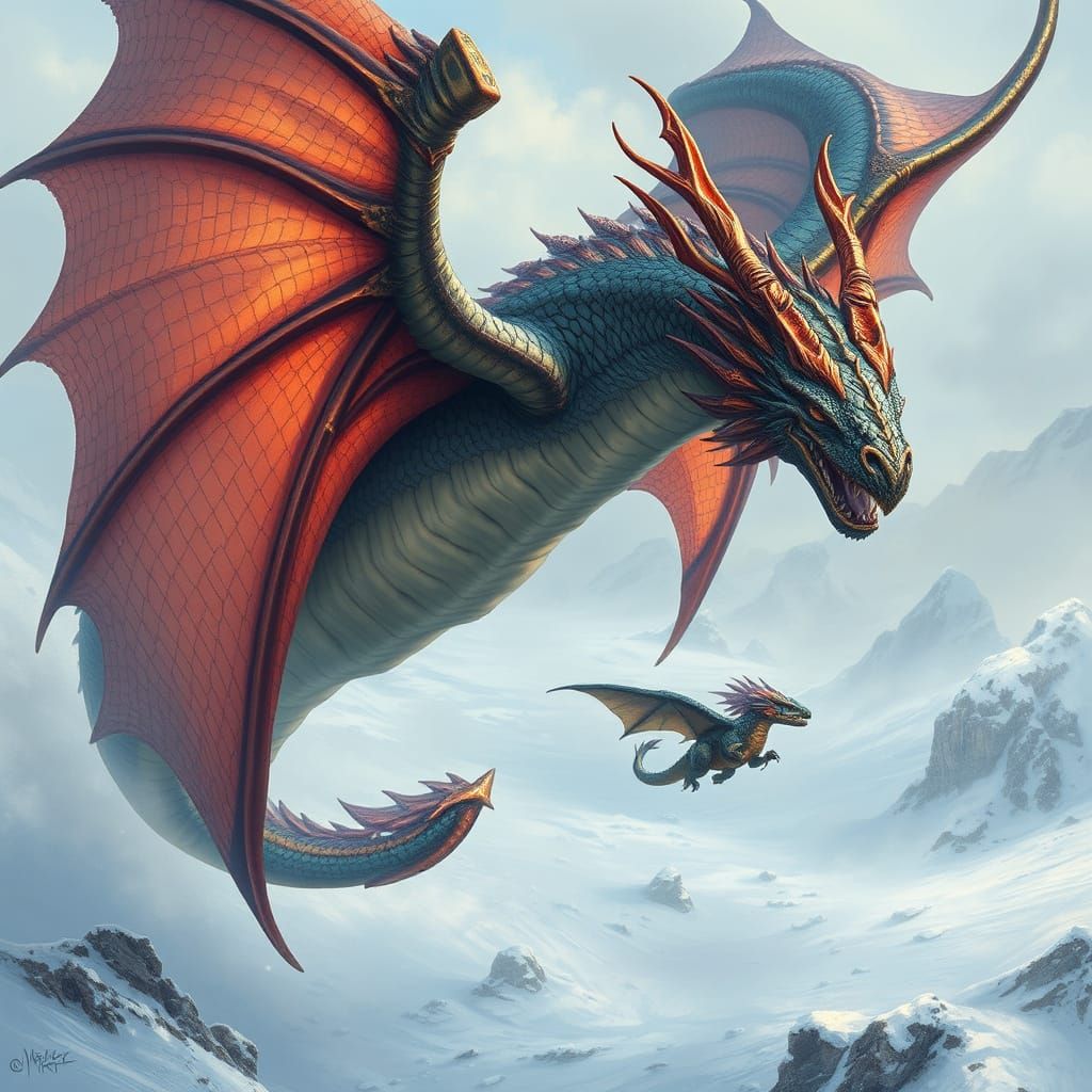 Dragon Flight over Frozen Wasteland, Digital Art