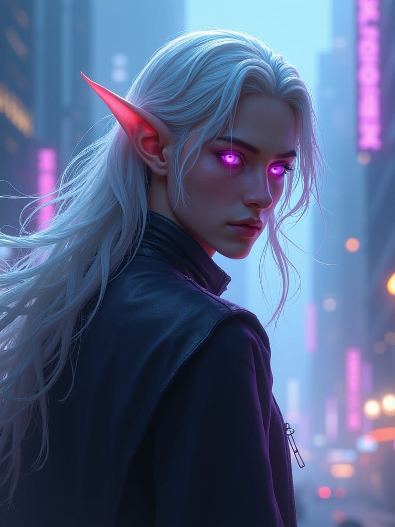 Agile Elf in Neon Cityscape, Digital Painting