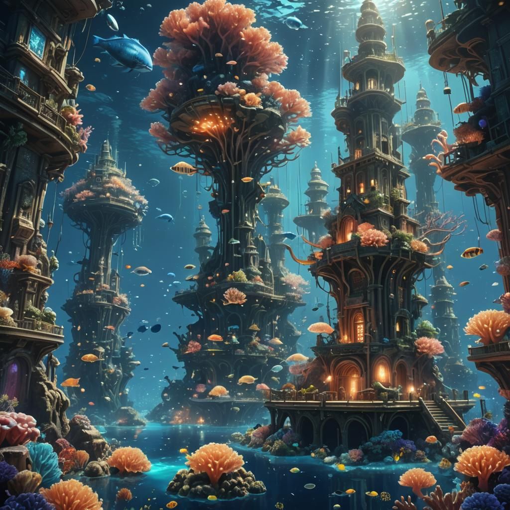 Bioluminescent Coral City in Anime Style
