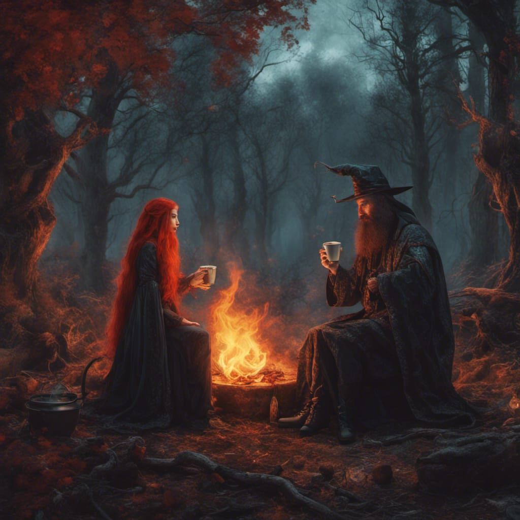 Fantasy Art: Witch and Man by Campfire