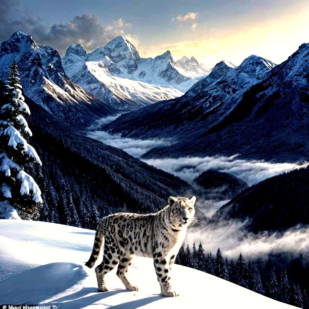 Fierce Snow Leopard Surrounded by Majestic Highland Snowscap...
