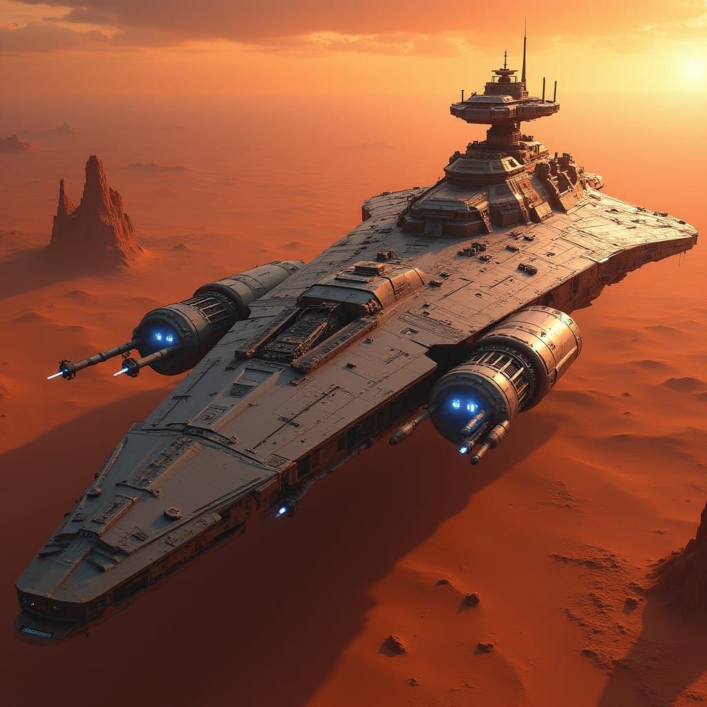 Massive Starship Dominates Desert Planet Landscape in Cyberp...