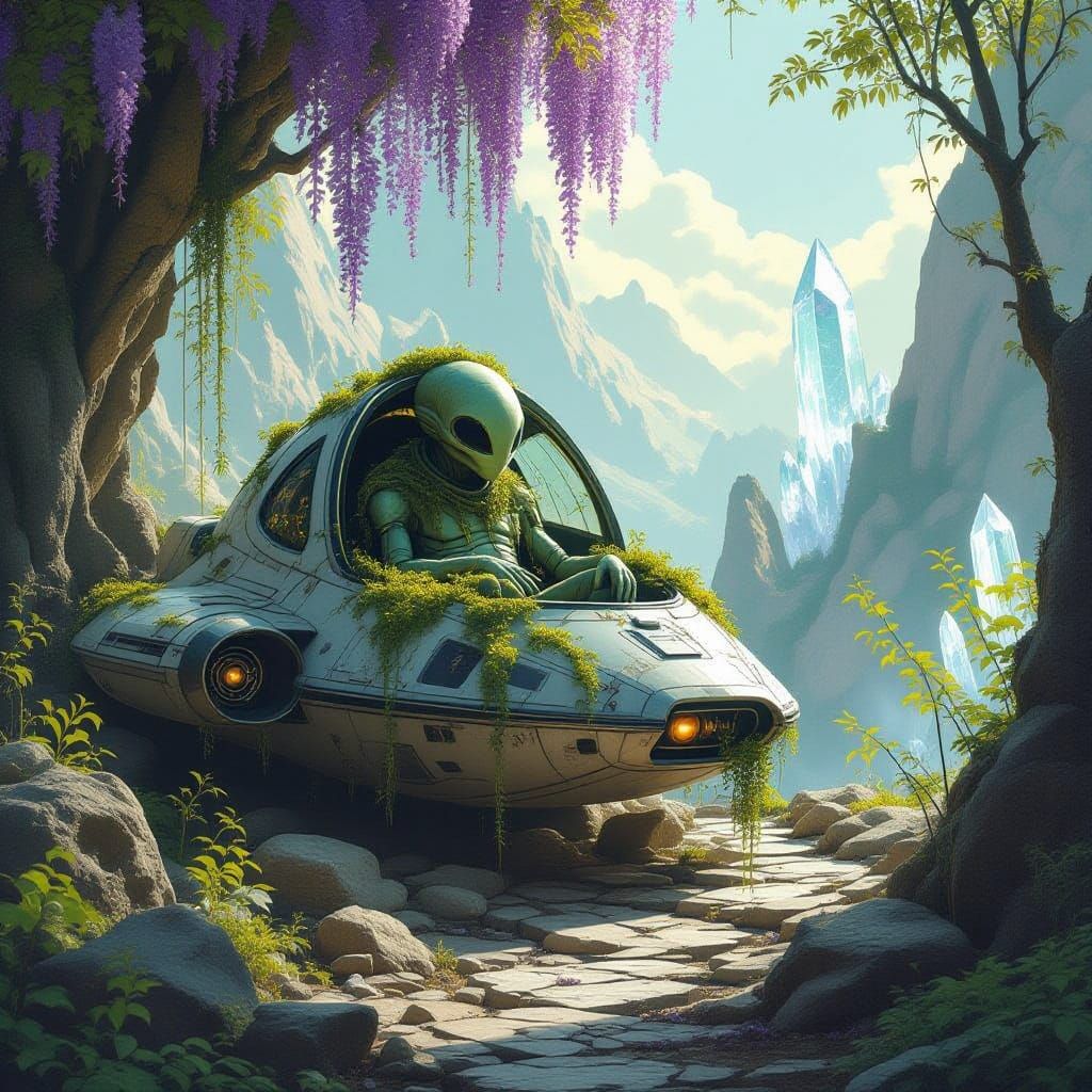 Alien in Wrecked Spaceship on Alien Planet