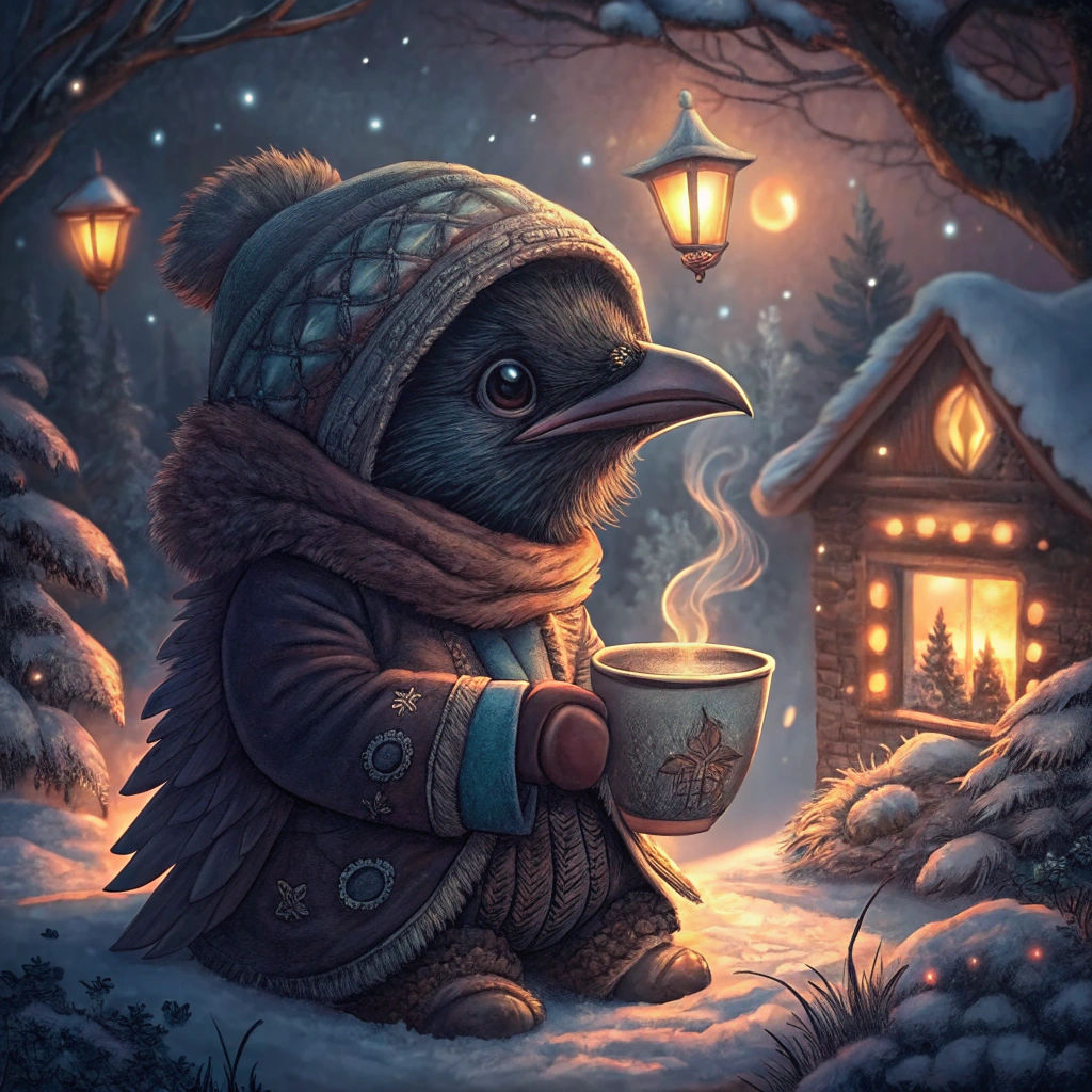 Raven in Winter Clothes Drinking Hot Chocolate