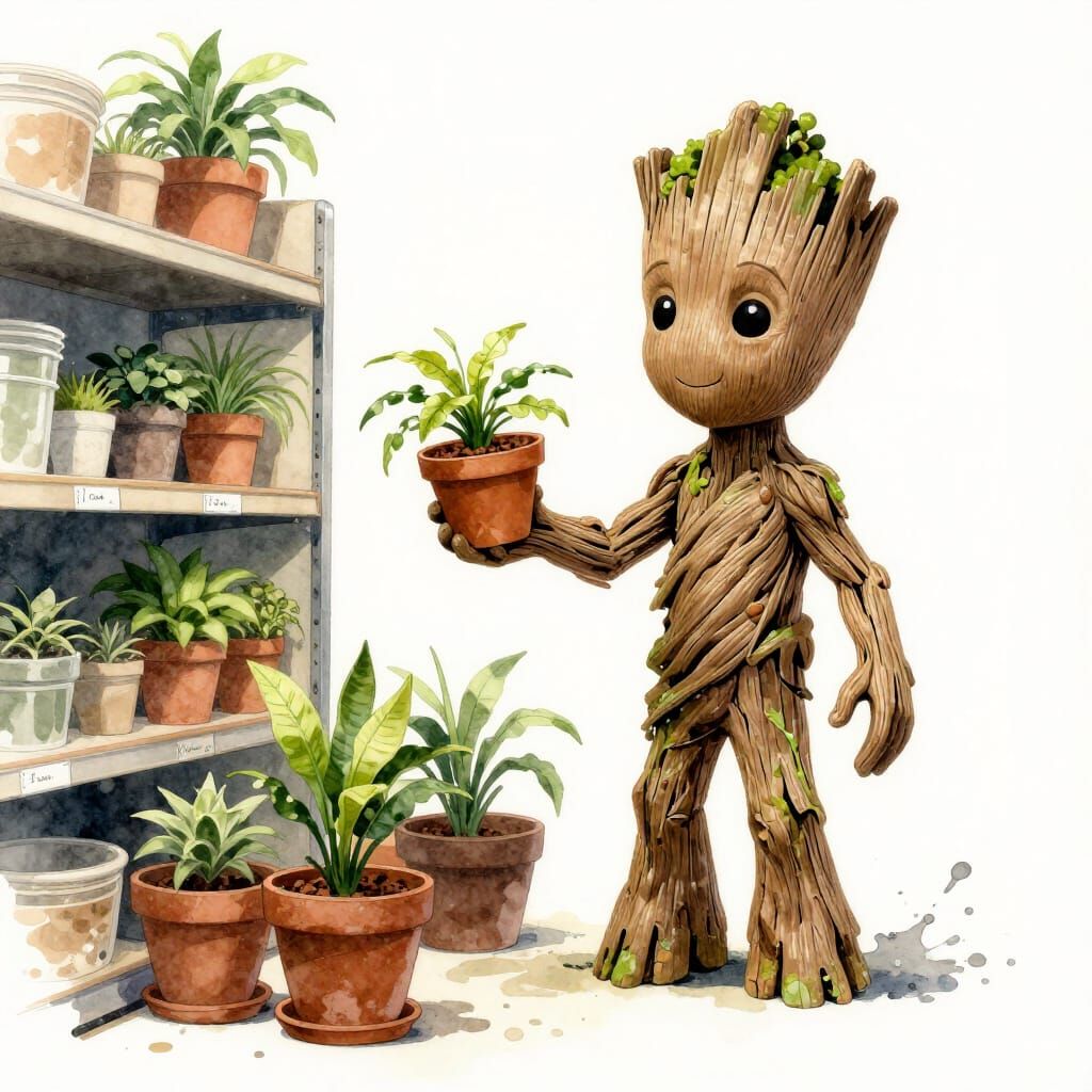 Groot Compares Plant Pots in Hardware Store