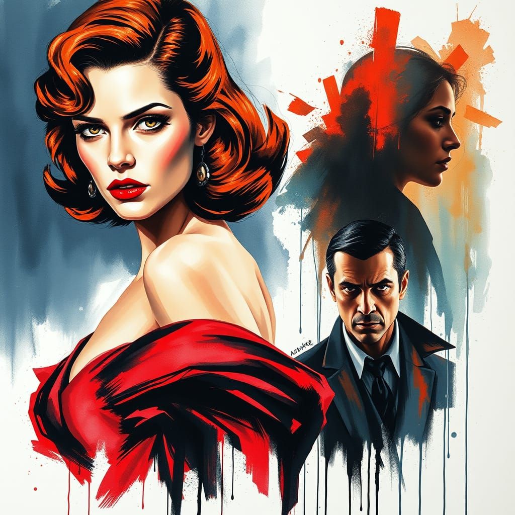 Femme Fatale in Watercolor Noir Style