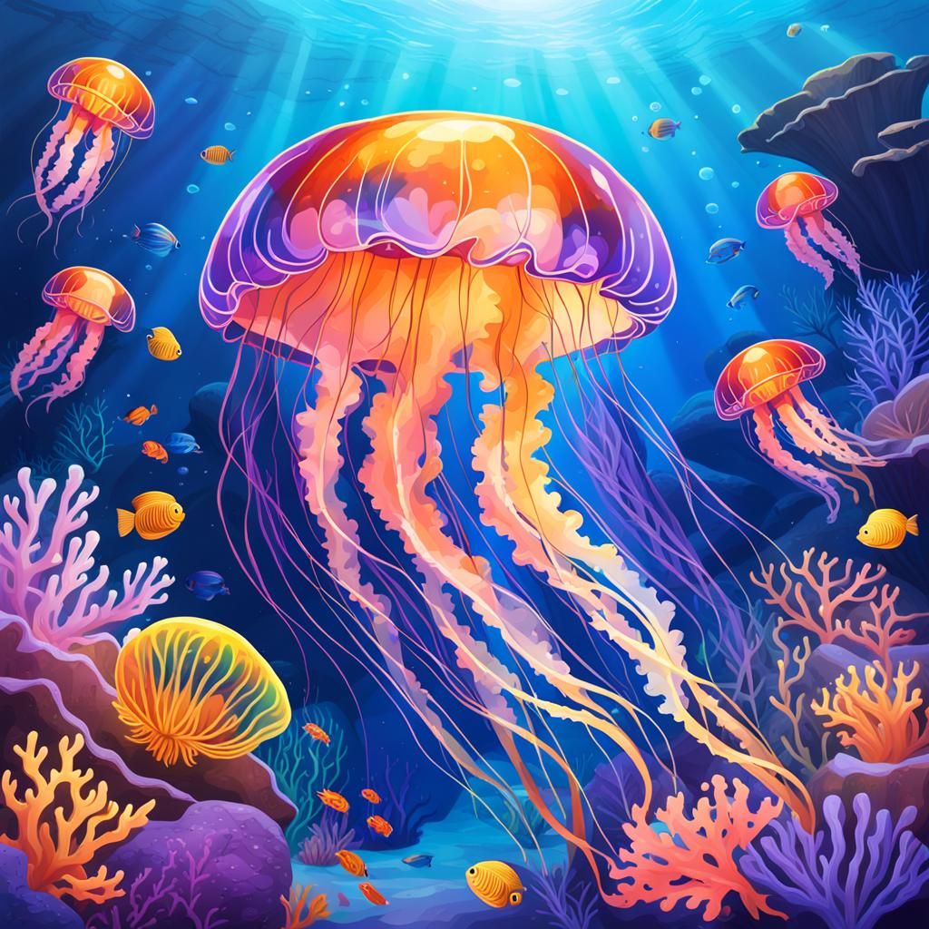 Jellyfish Gliding Through Coral Reef - Vibrant Marine Life