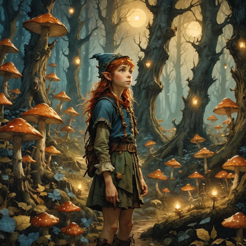 Enchanted Forest Gnomes in Arthur Rackham Style