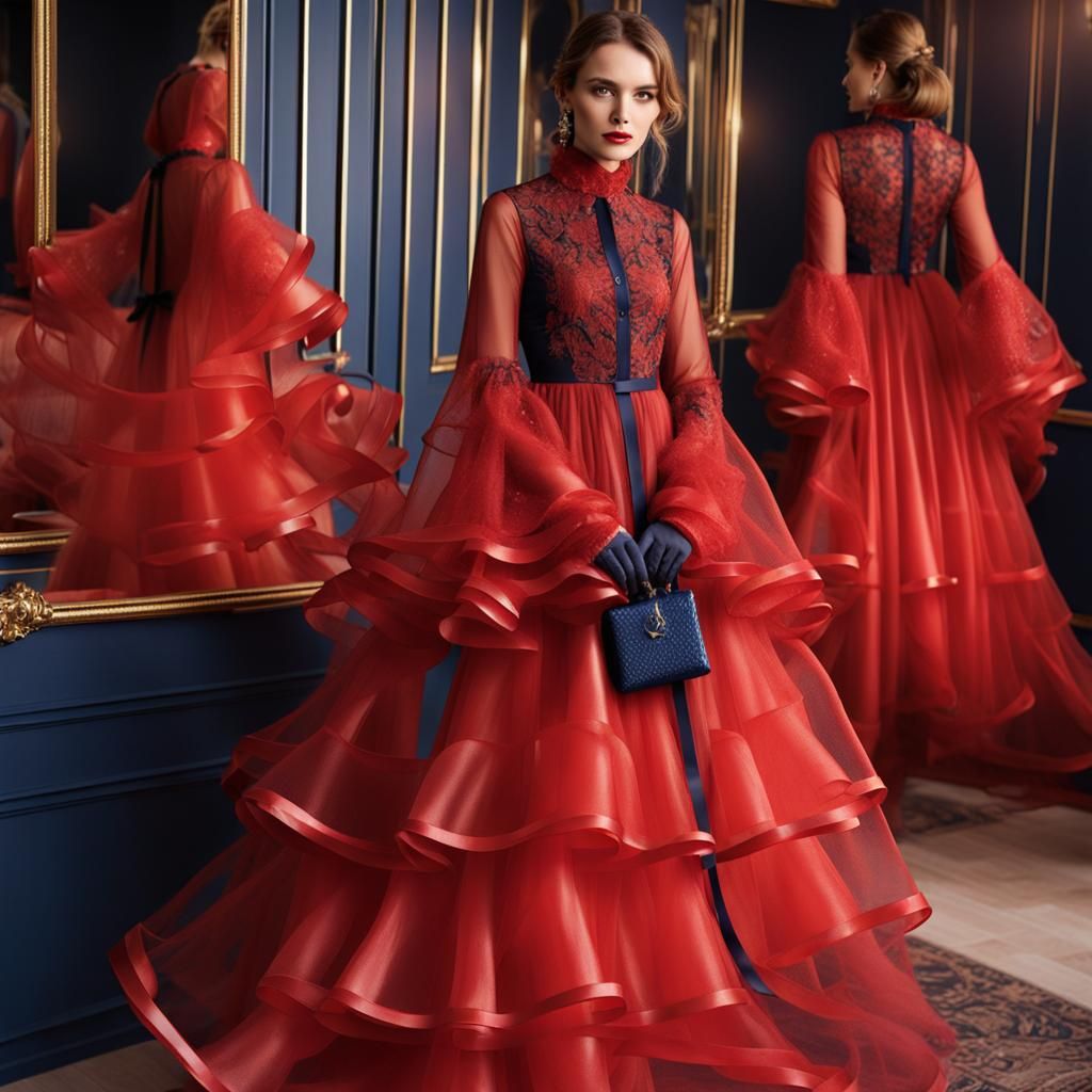 Navy Blue Organza Gown with Flowing Fantasy Sleeves