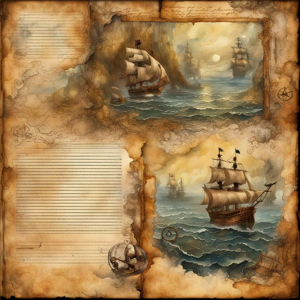Pirate Journal Page with Ocean View in Watercolor Style