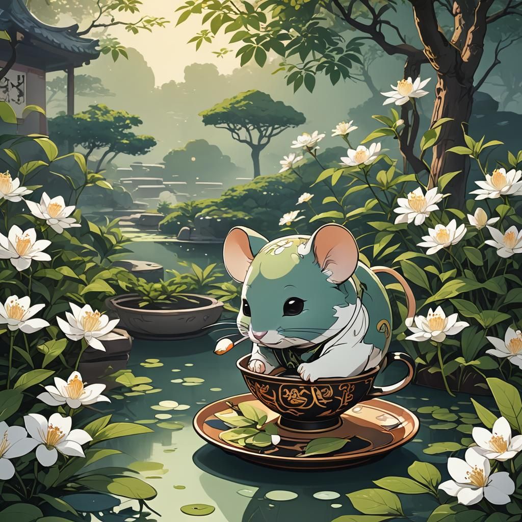 Jasmine Tea Mouse in Chinese Garden: Anime Style
