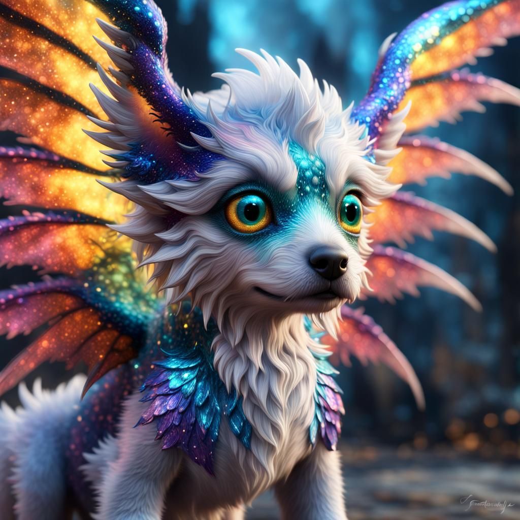 Winged Puppy Dragon with Sparkling Eyes, Detailed CGI Art