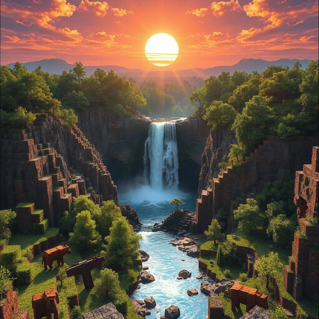 Minecraft Sunset Waterfall in a Canyon Landscape