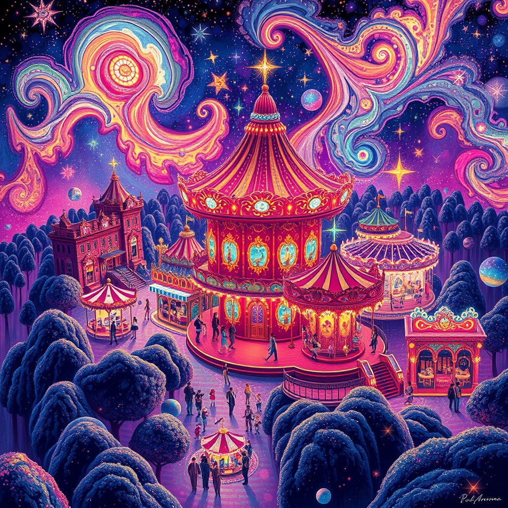 Iridescent Carousel Town in Dreamlike Cosmic Landscape