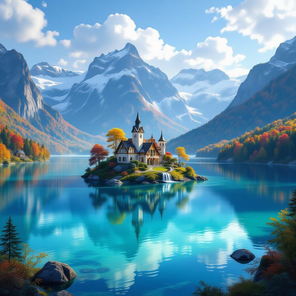 Fairytale Island in Autumn Lake