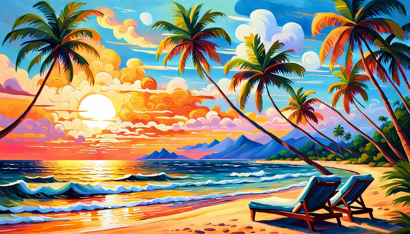 Tropical Beach Paradise in Impressionist Style