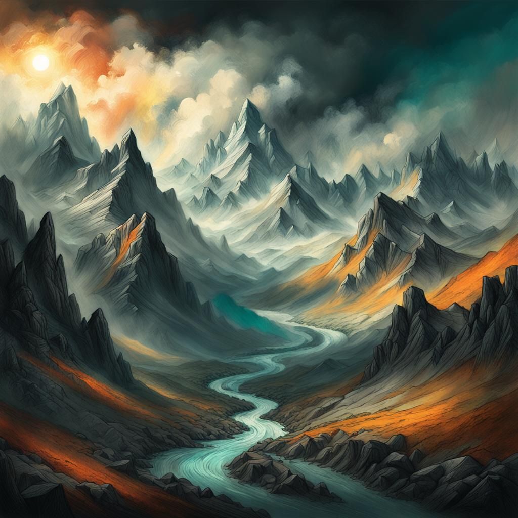 Mountain Range Charcoal Sketch in Romantic Style