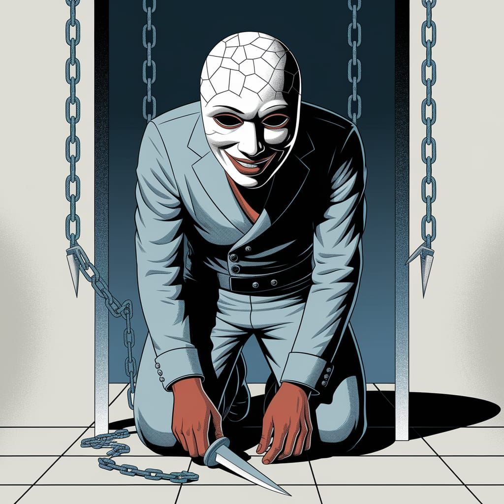 Masked Figure Kneeling in Blue Shadows