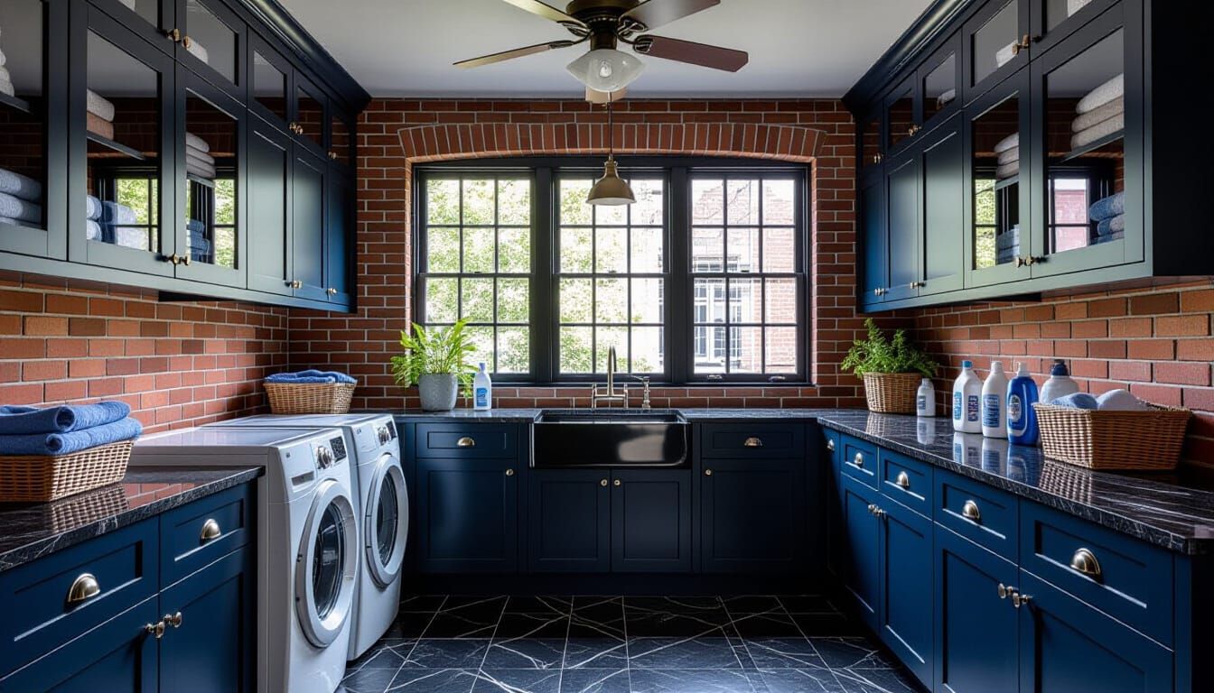 Victorian Laundry Room with Dark Blue and Brick Accents