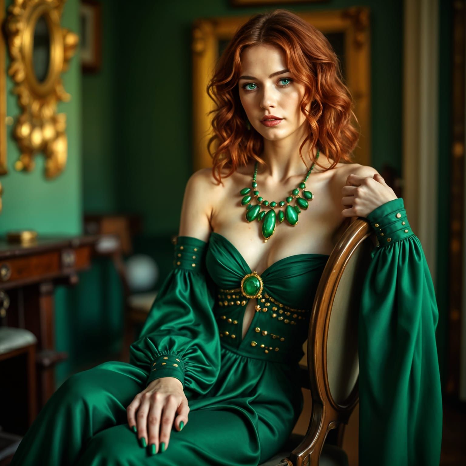 Stunning Red-Headed Beauty in Emerald Splendor