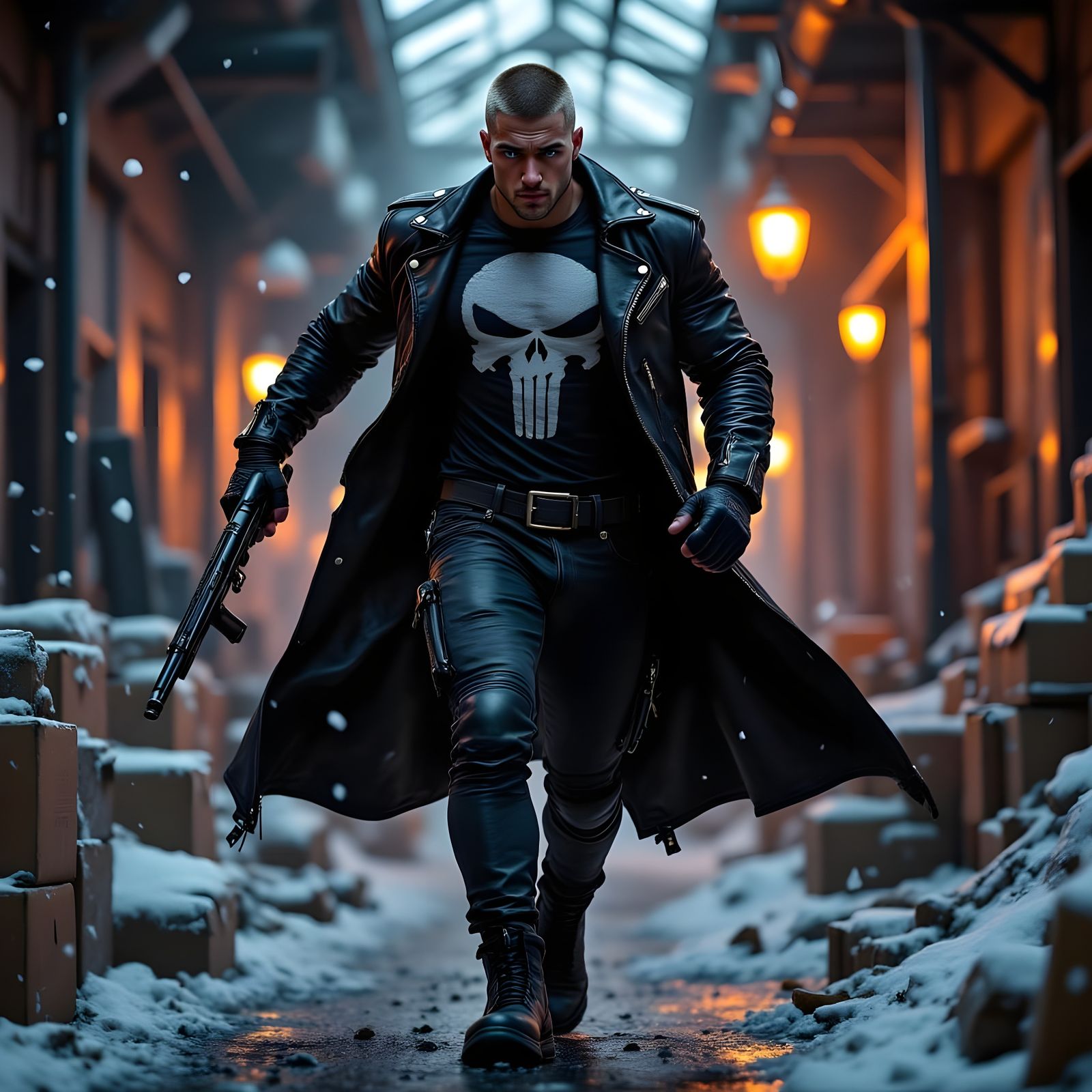 Gritty Punisher Figure in Hyperrealistic Comic Book Style