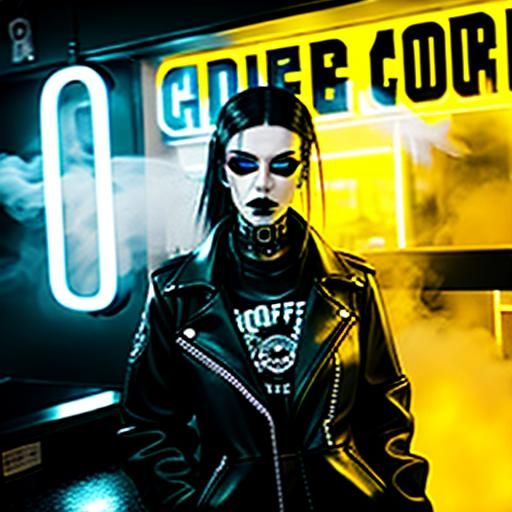 Cyberpunk Goth Model in Neon-Lit Coffee Shop