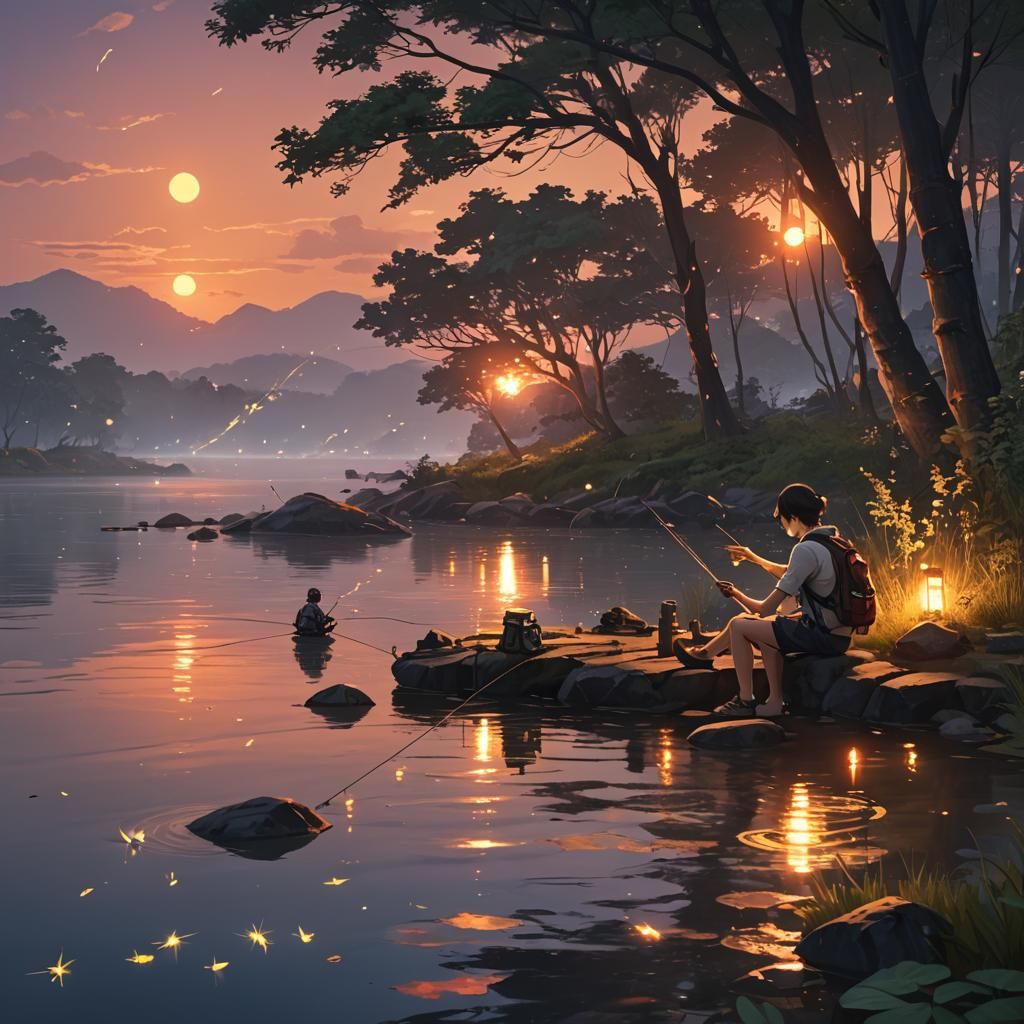 Fishing at Sunset: Anime-Inspired 3D Art