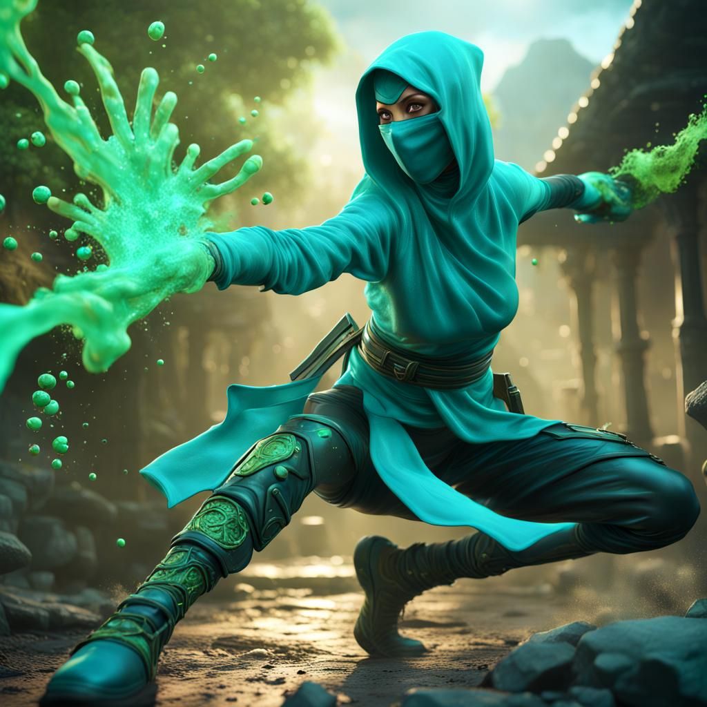 Turquoise Ninja Blasting Acid Powers, Digital Matte Painting