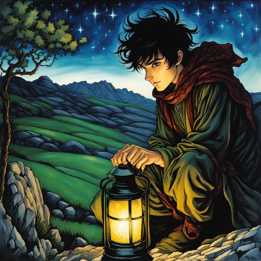 Fantasy Youth with Lantern Under Starry Sky