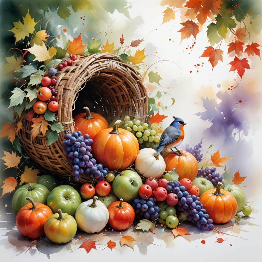 Overflowing Autumn Harvest Cornucopia Painting