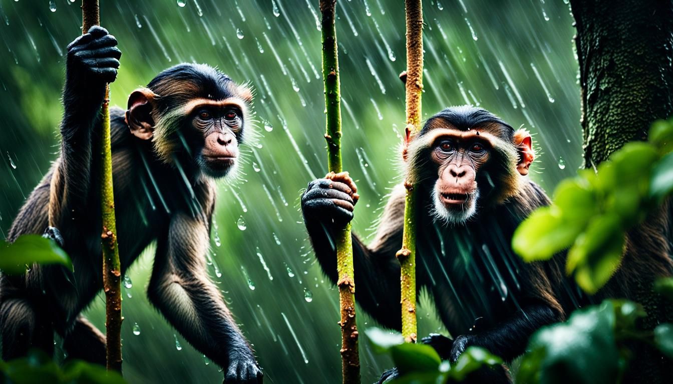 Hyperrealistic Wildlife Photography of Wet Monkeys in Rainy...
