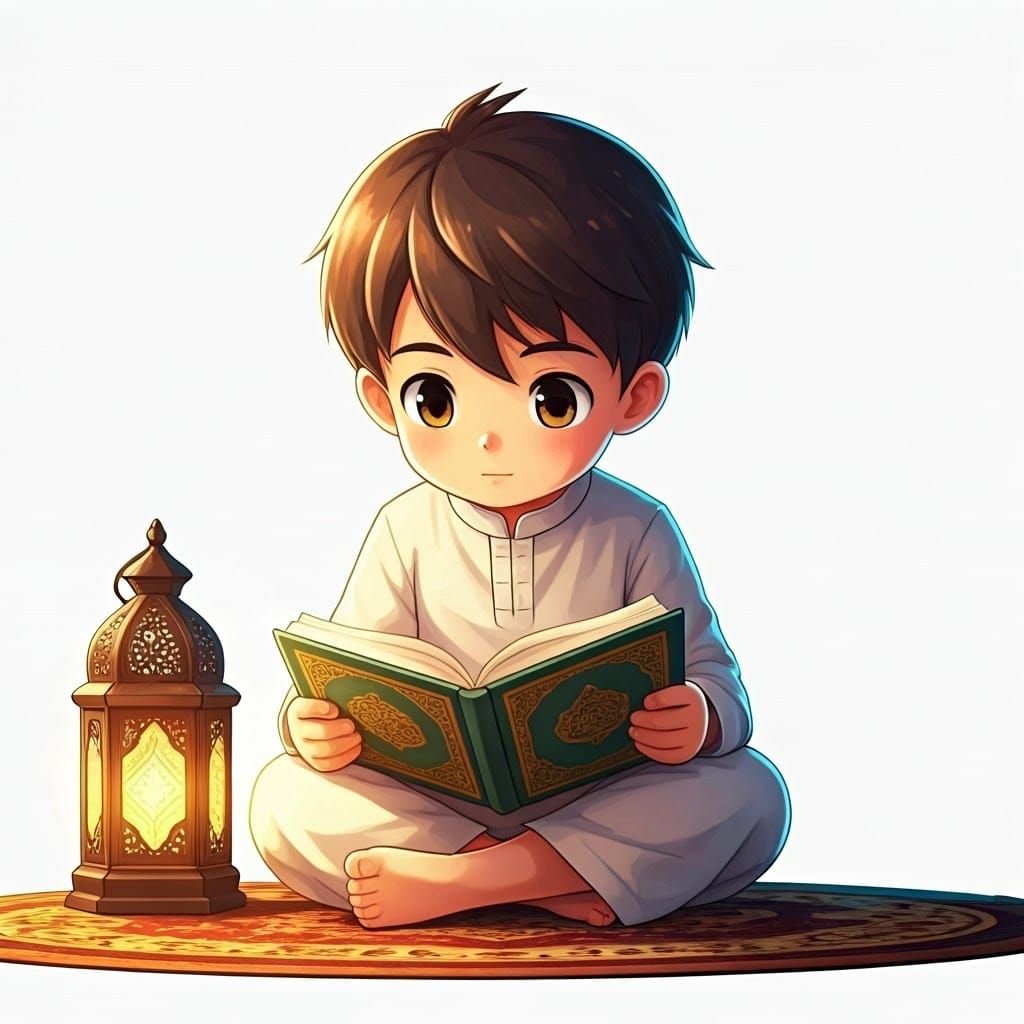 Anime Boy Reading Qur'an with Glowing Lantern