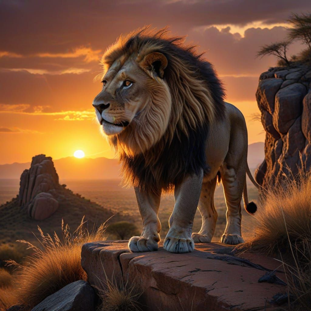 A Majestic Lion in a Vibrant Sunset Landscape, Photorealisti...
