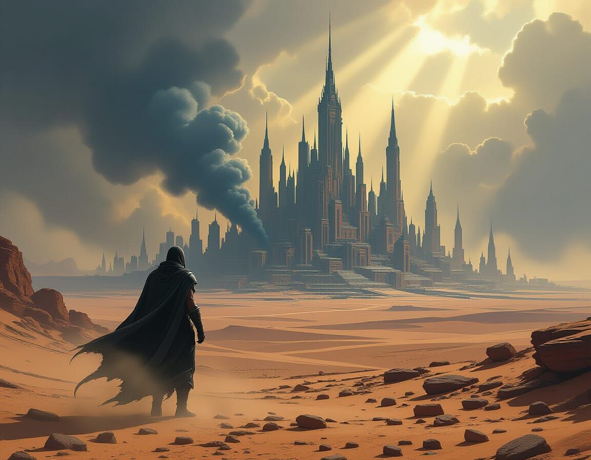 Desert Wanderer Views Distant City in Comic Style