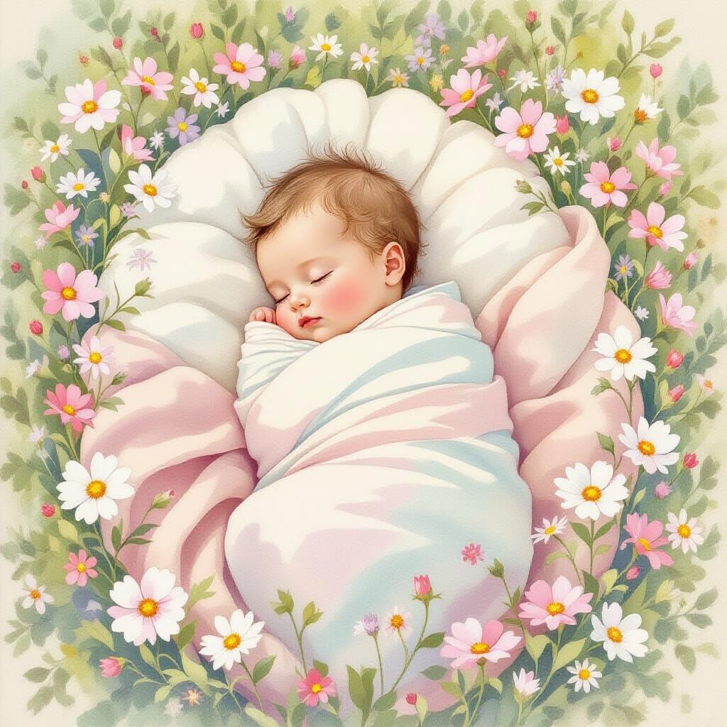 Newborn Baby Asleep in Flower Garden, Watercolour Art