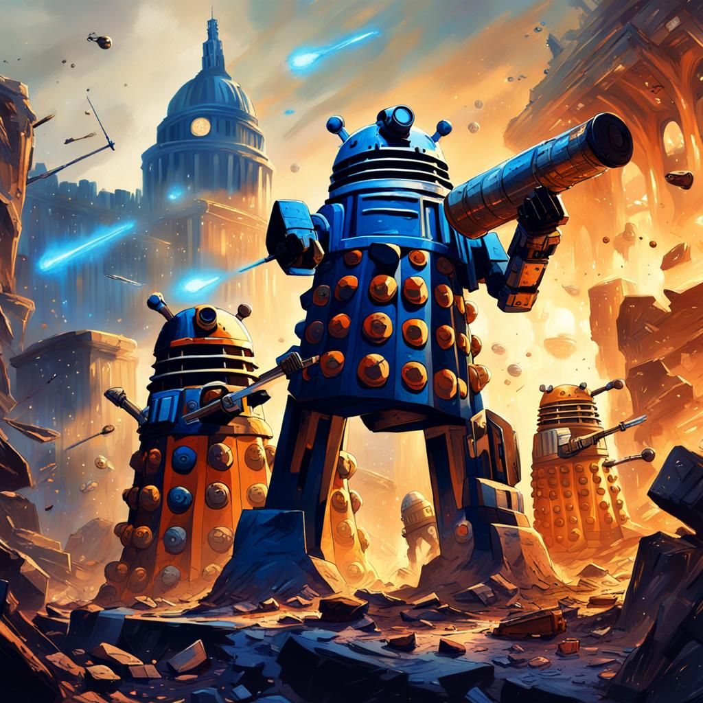 Ace Attacks Daleks in Ruined Cityscape