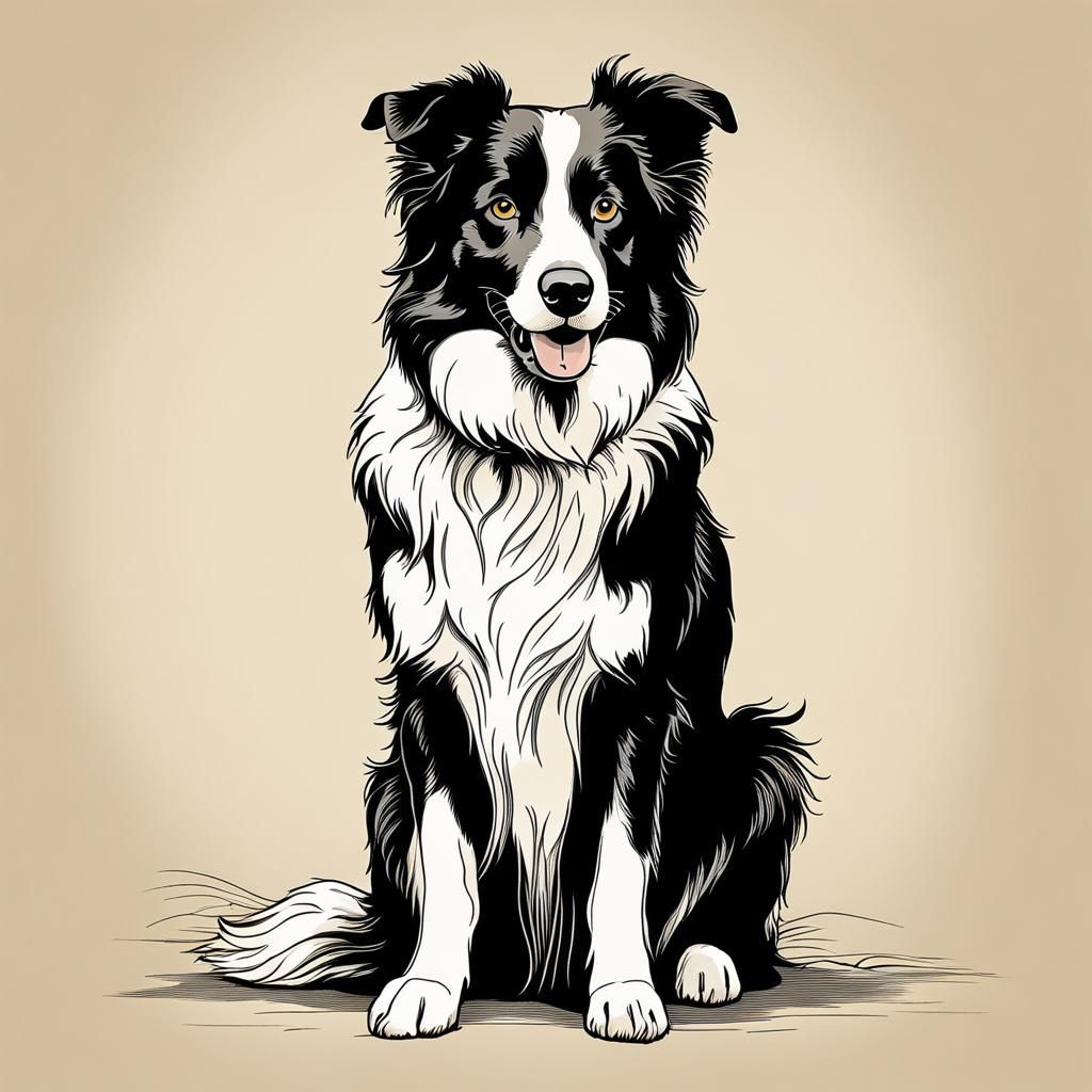 Detailed line art drawing of a border collie dog