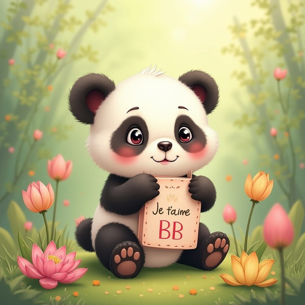 Cute Baby Panda Holds Heartfelt Sign in Sunny Garden