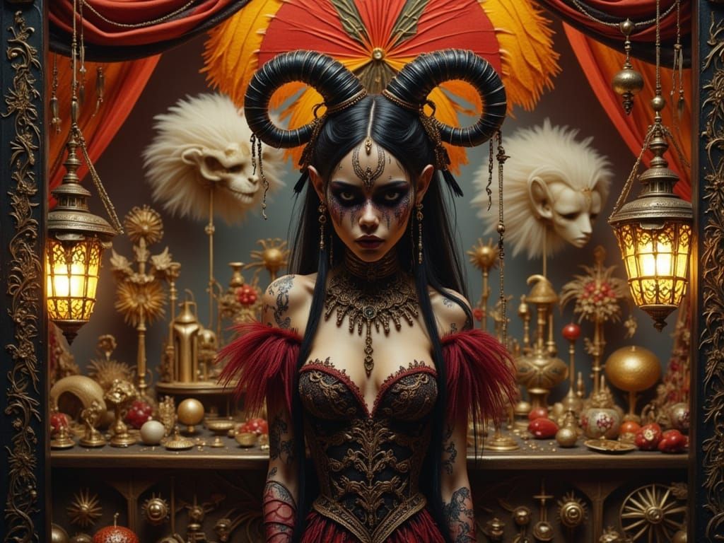 Tamed Demon at Magical Market in Dark Fantasy Style
