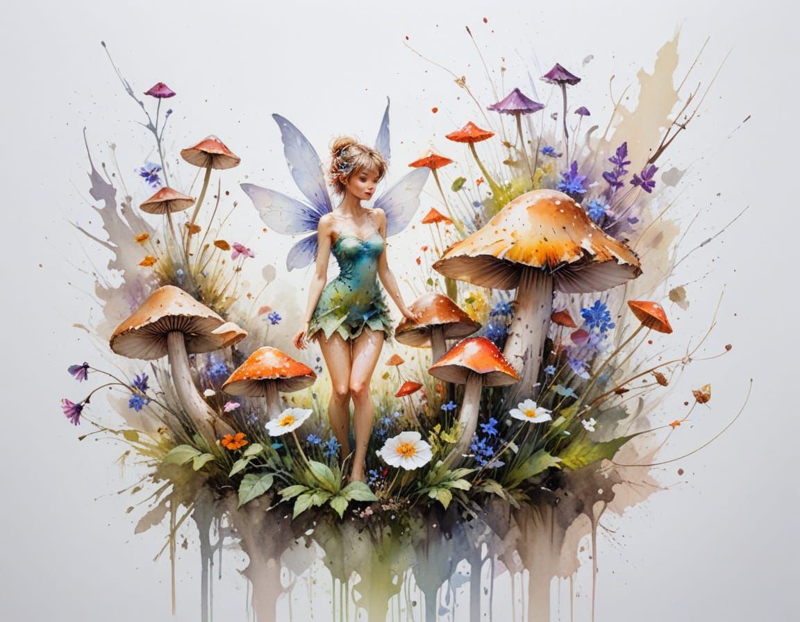 Tinkerbell Fairy in Whimsical Wildflower Mushroom Forest