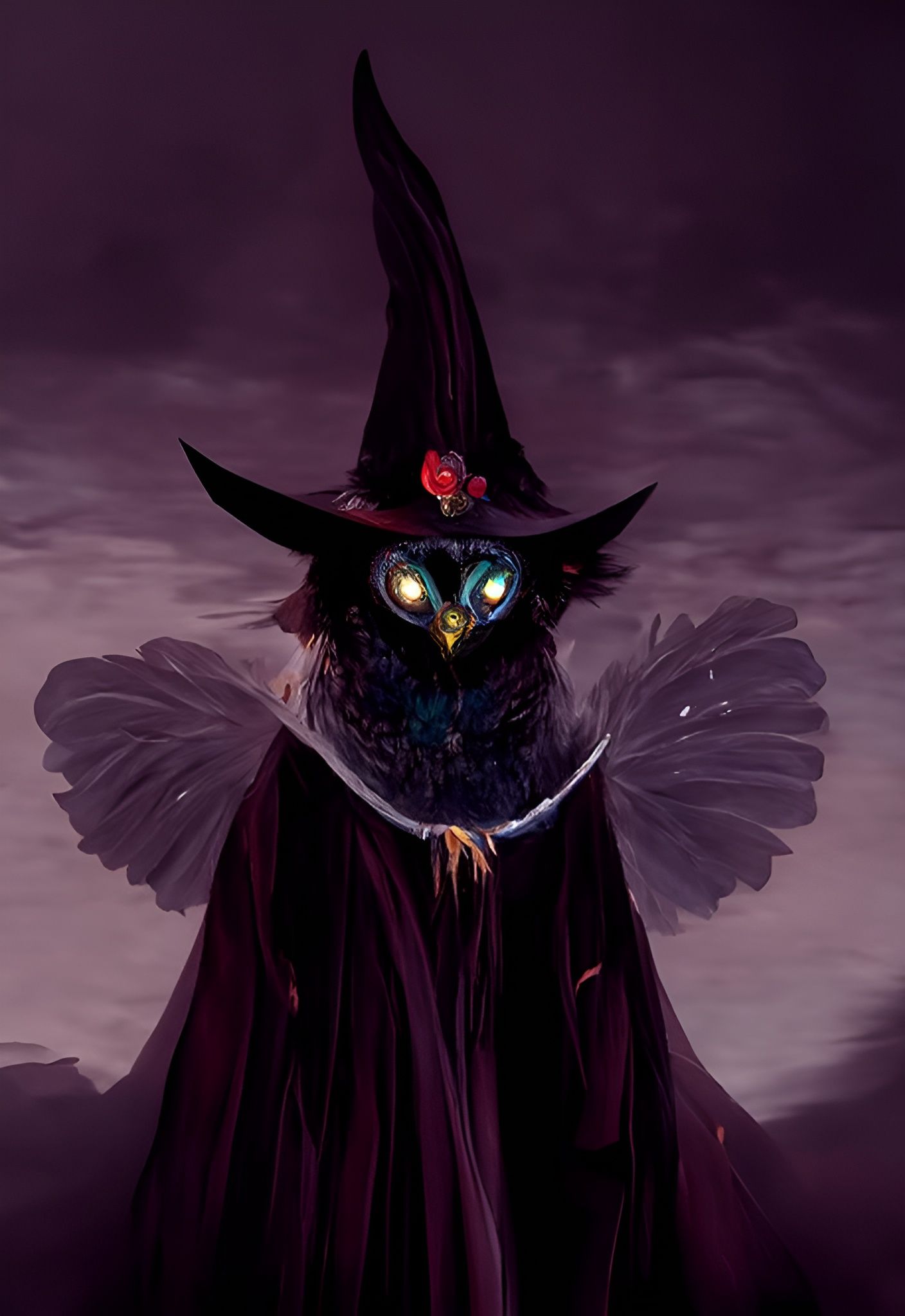 Sinister Owl Witch in Matte Oil Painting Style