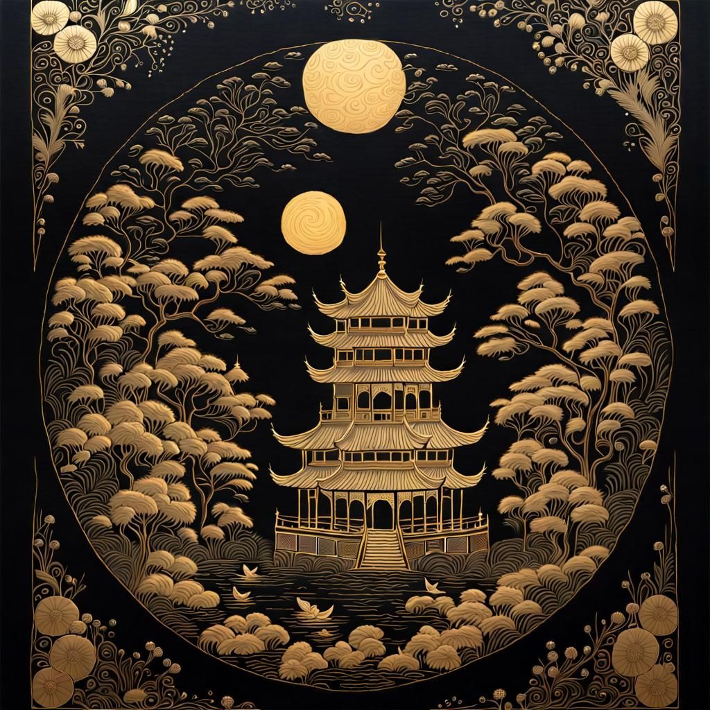 Gracious Light: Oriental Gold Ink Folk Art