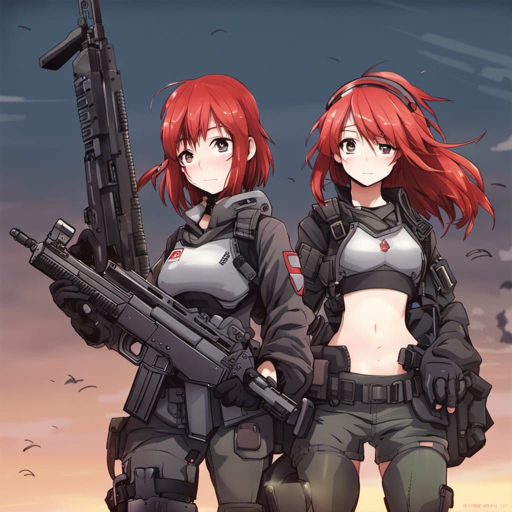Anime Girls in Combat Gear with Machine Guns