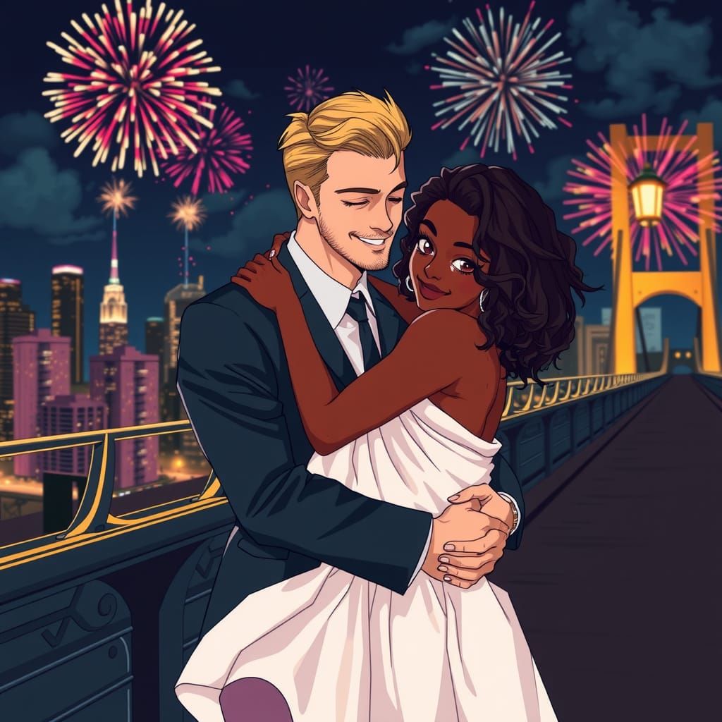 Romantic Embrace on City Bridge in Anime Style